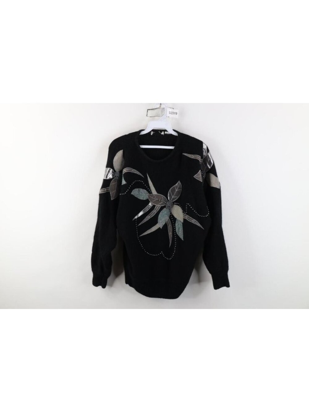Vintage 80s Streetwear Womens Large Dolman Sleeve Flower Beaded Knit Sweater